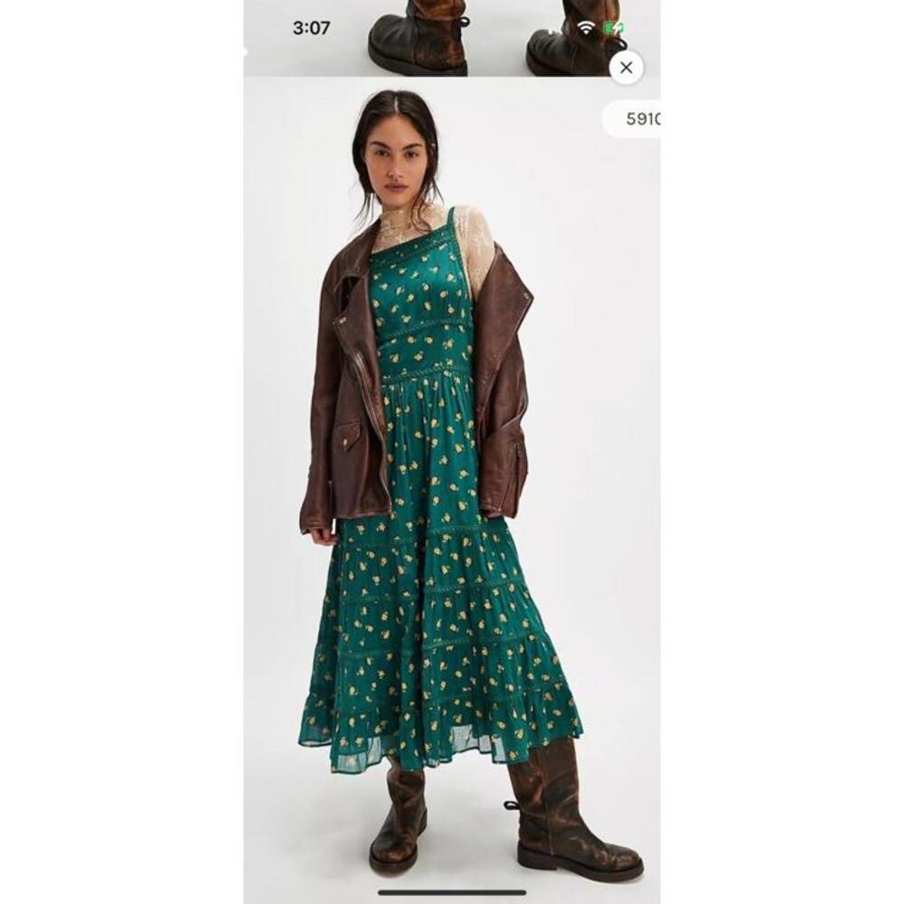 Free People Teal Green Midi Dress with Gold Floral Print - Picture 3 of 4